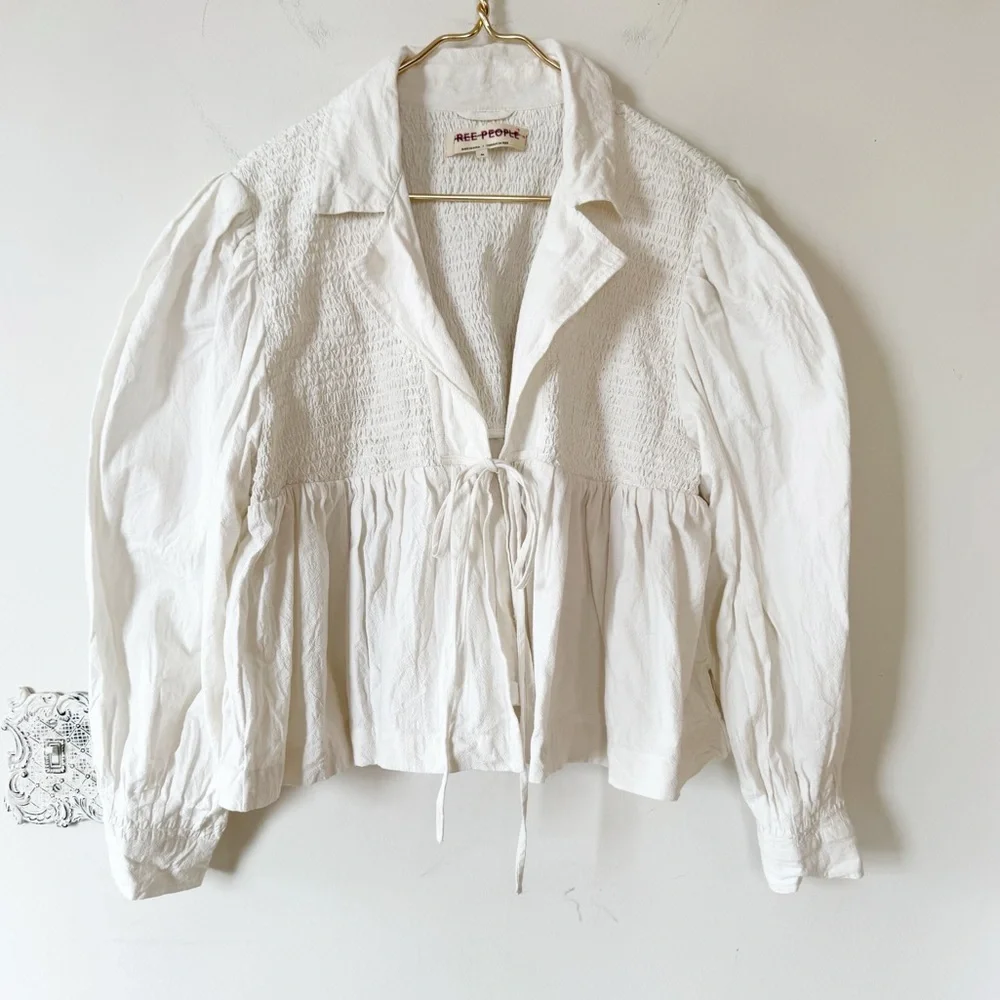 Free People Sally Trapeze Bed Jacket Smocked Off White Cotton Tie Front Top XL